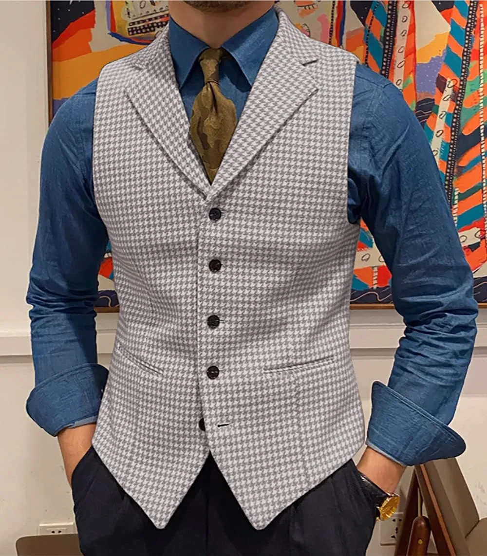 Mens Retro Wool Suit Vest Houndstooth Waistcoat Tweed Herringbone for Tuxedos