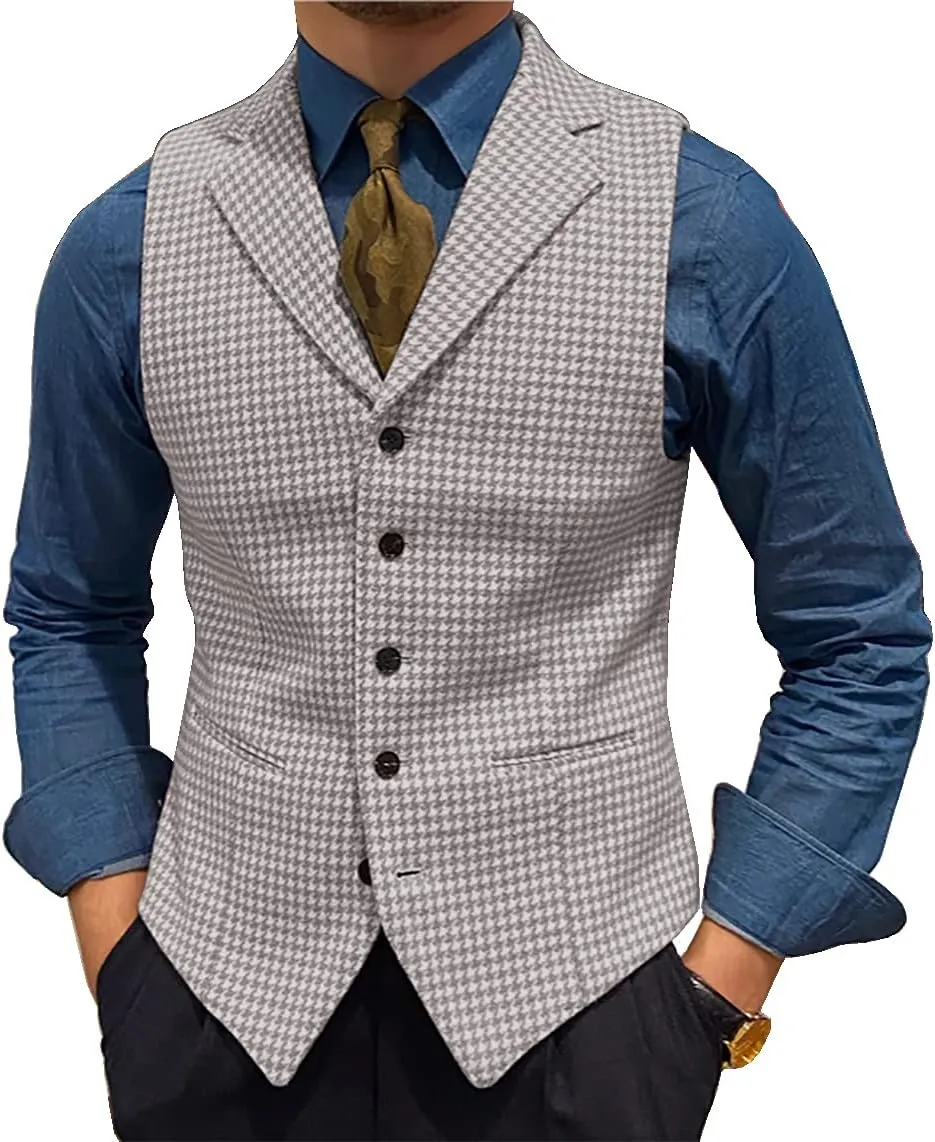 Mens Retro Wool Suit Vest Houndstooth Waistcoat Tweed Herringbone for Tuxedos