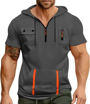 Mens Shirts Hoodies for Men Short Sleeve Quarter Zip Hoodie Tops Lightweight Oversized Hooded Tshirts with Pocket