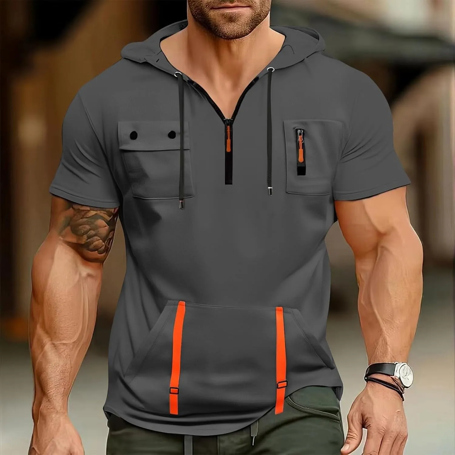 Mens Shirts Hoodies for Men Short Sleeve Quarter Zip Hoodie Tops Lightweight Oversized Hooded Tshirts with Pocket