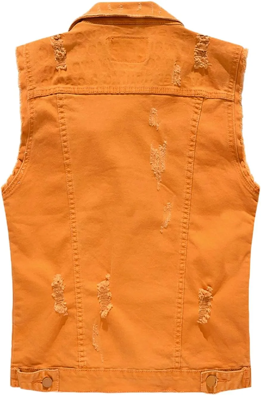 Men's Sleeveless Ripped Denim Vest Casual Slim Fit Button Down Jeans Vests Jacket