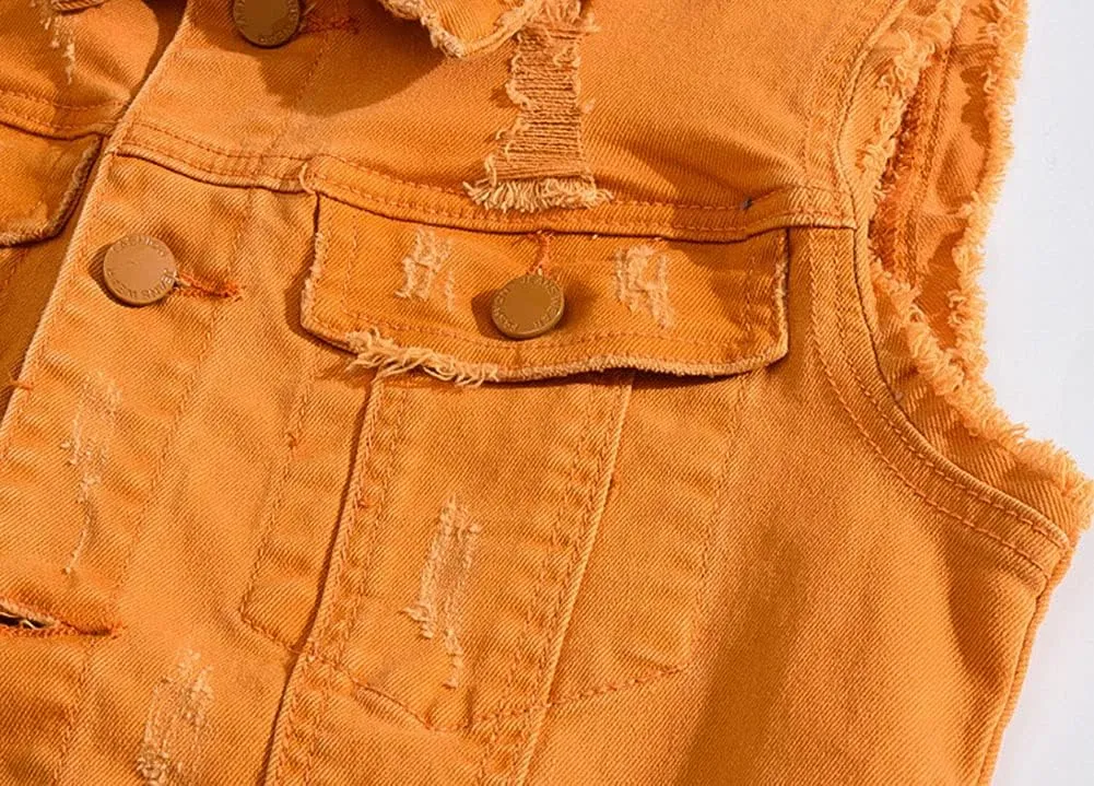 Men's Sleeveless Ripped Denim Vest Casual Slim Fit Button Down Jeans Vests Jacket