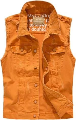 Men's Sleeveless Ripped Denim Vest Casual Slim Fit Button Down Jeans Vests Jacket