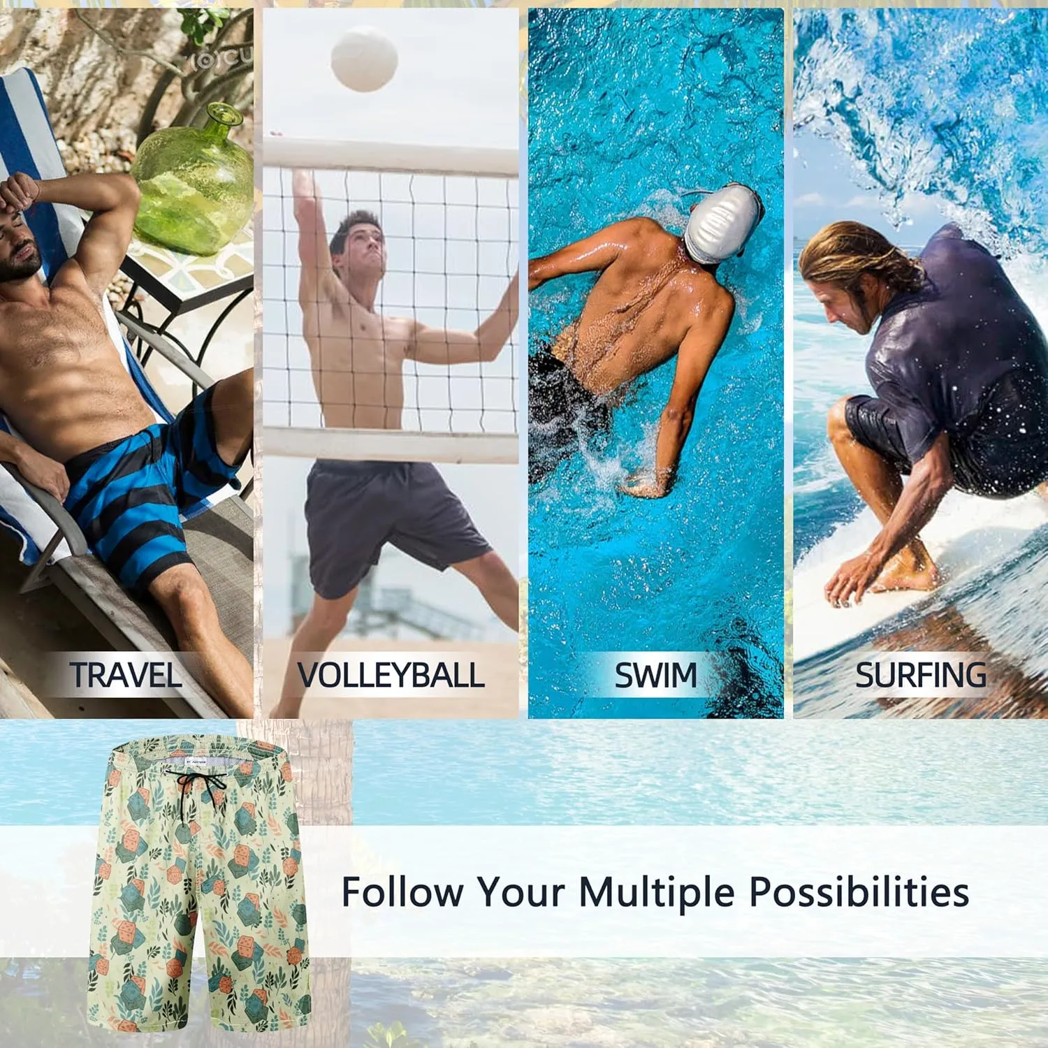 Mens Swim Trunks Quick Dry Board Shorts with Mesh Lining, Breathable Surf Beach Shorts Swimwear Bathing Suits