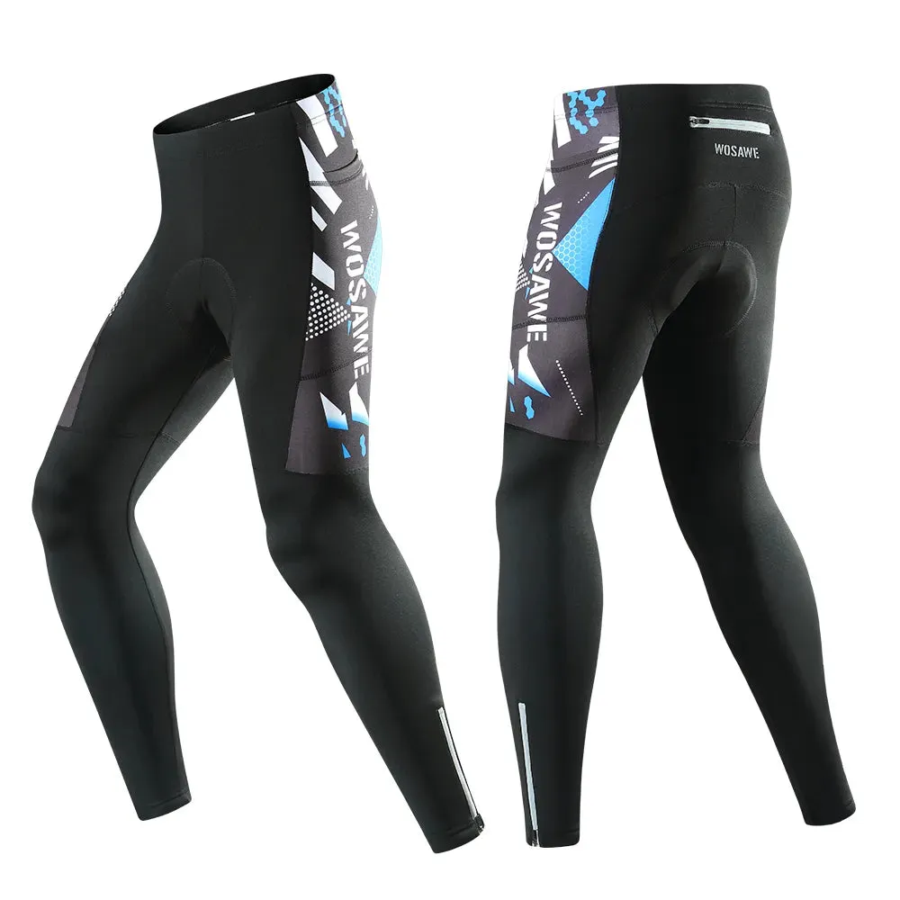 Mens Winter Fleece Cycling Pants Warm Up Bicycle Pant Cushion MTB Ride Bike Trousers Outdoor Sports Reflective Tights