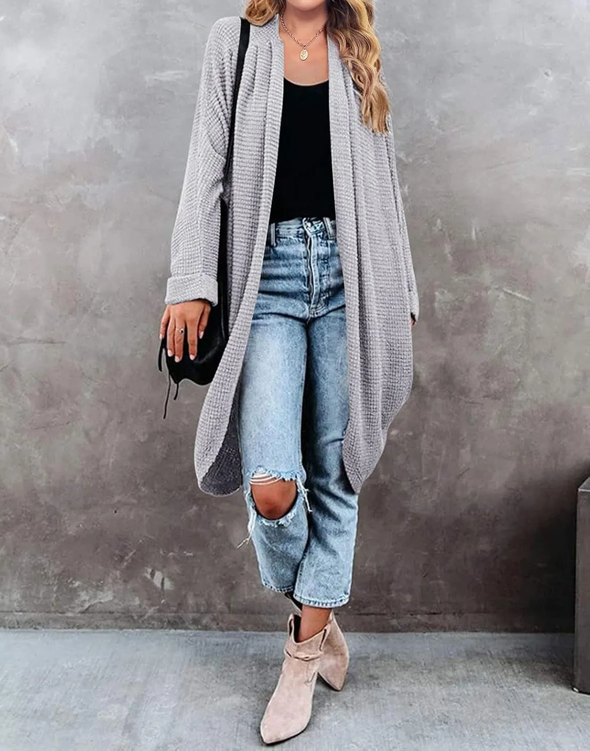 MEROKEETY Women's 2025 Fall Waffle Knit Batwing Long Sleeve Cardigan Loose Open Front Sweater Coat