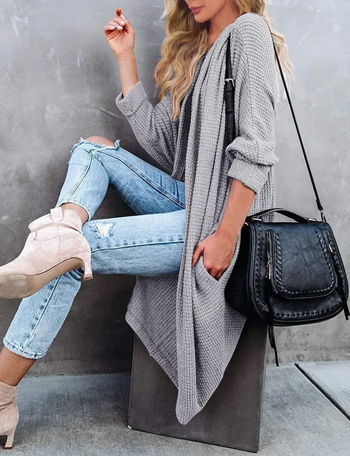 MEROKEETY Women's 2025 Fall Waffle Knit Batwing Long Sleeve Cardigan Loose Open Front Sweater Coat
