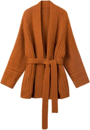 Mid-Length Merino Wool Blend Open Cardigan Long Sleeve Cable Knitted Sweater for Women