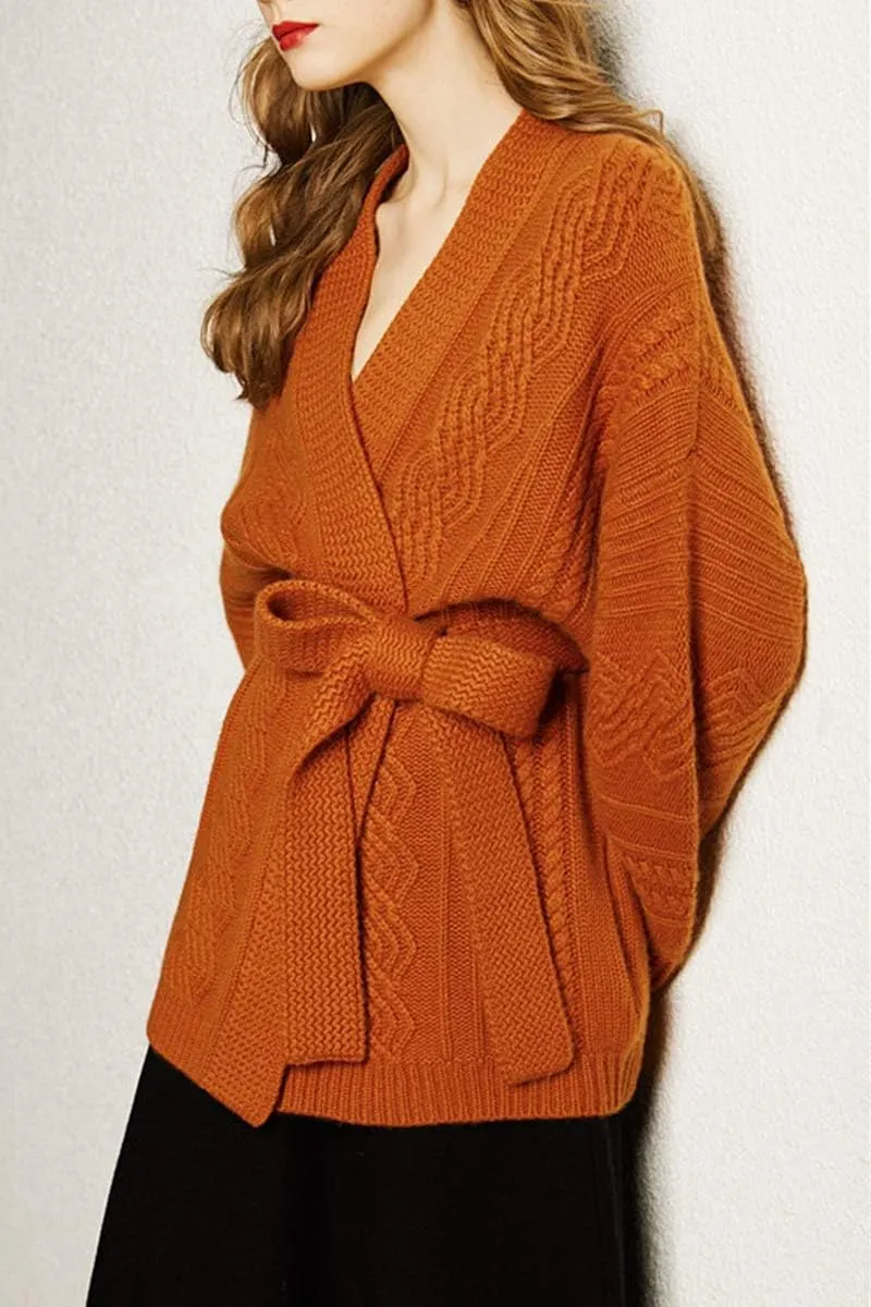 Mid-Length Merino Wool Blend Open Cardigan Long Sleeve Cable Knitted Sweater for Women