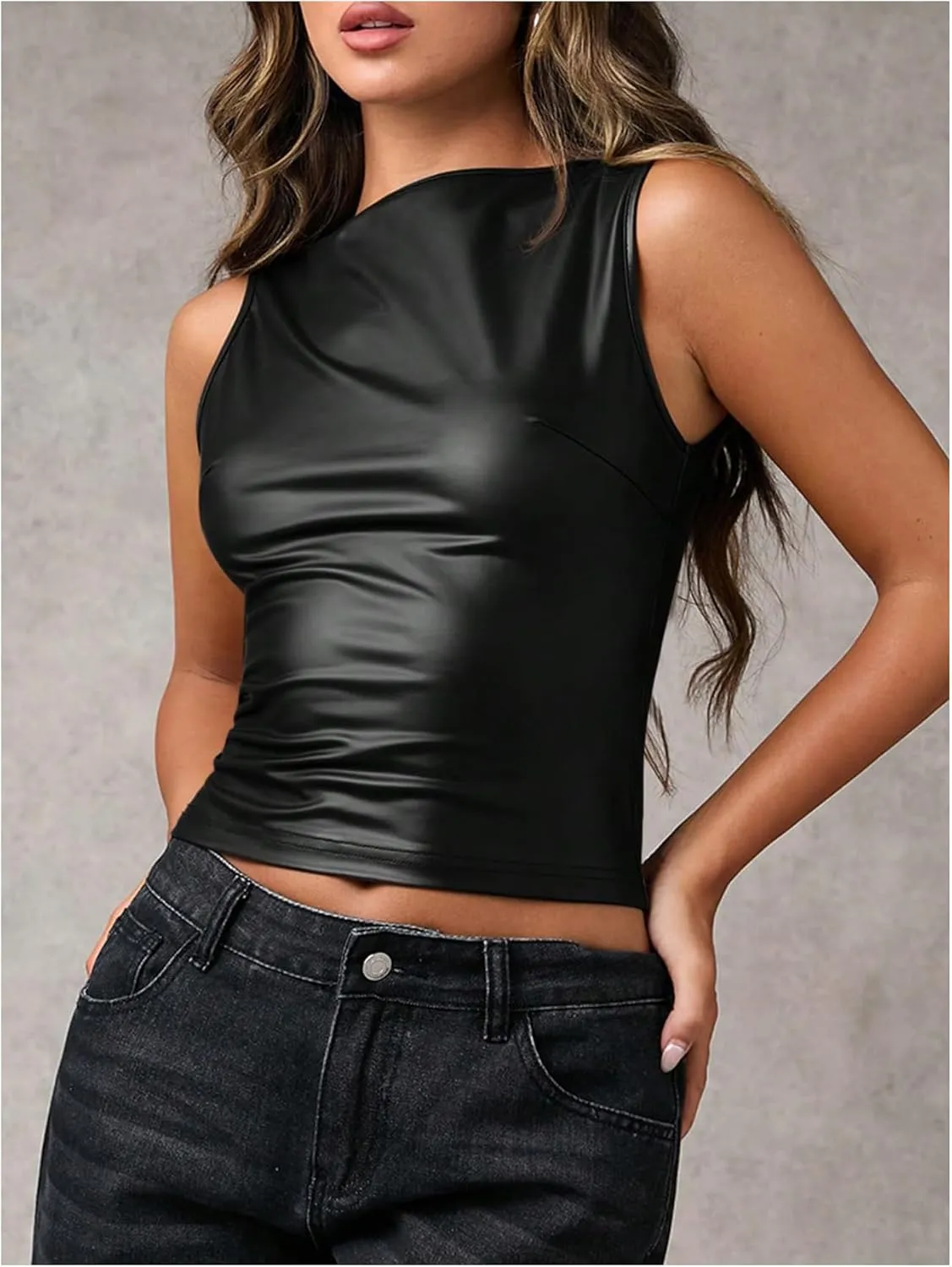 Milumia Women's Faux Leather Tank Top Shirt Ruched Fitted Going Out Tops