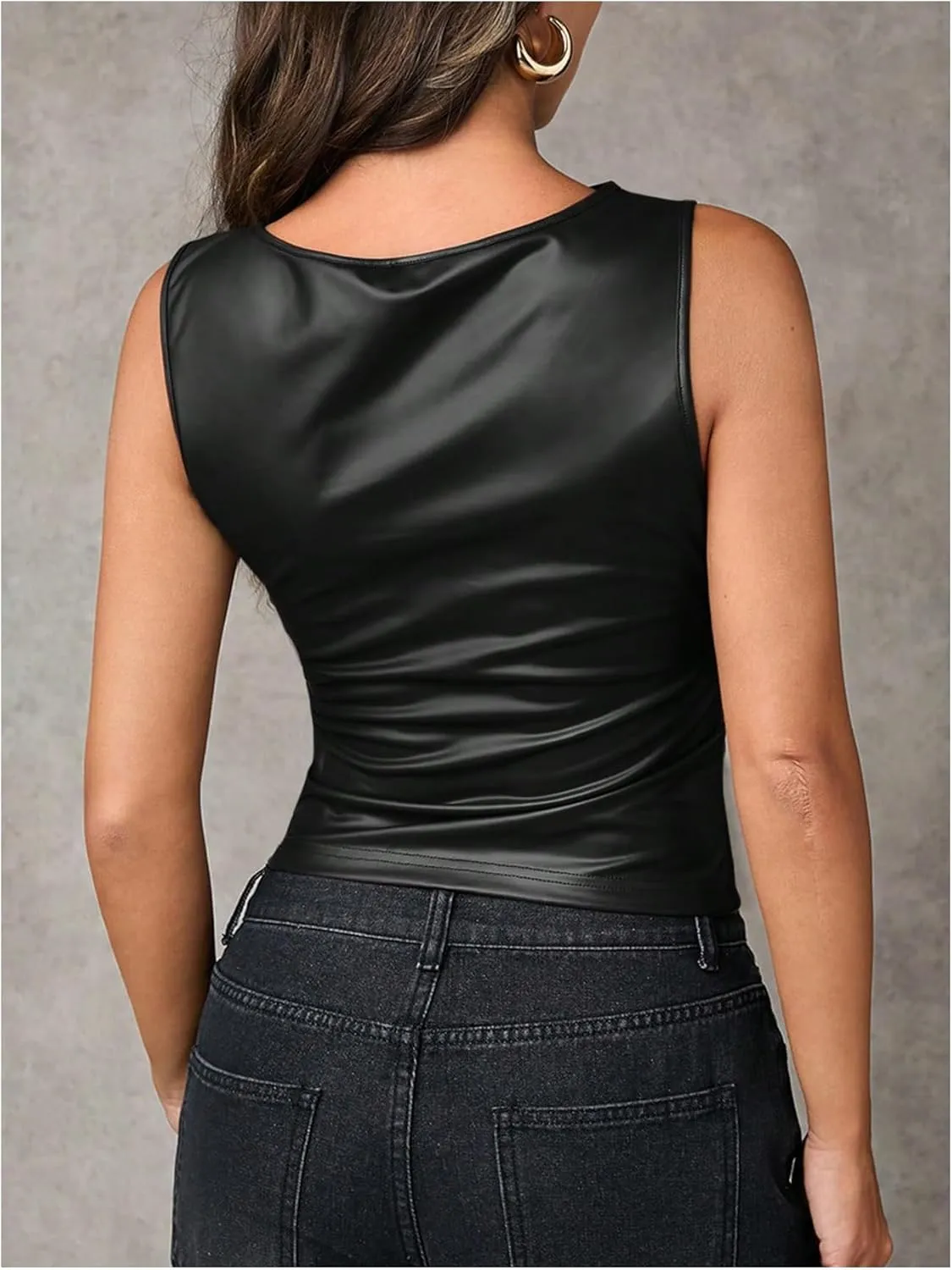 Milumia Women's Faux Leather Tank Top Shirt Ruched Fitted Going Out Tops