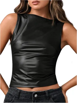 Milumia Women's Faux Leather Tank Top Shirt Ruched Fitted Going Out Tops