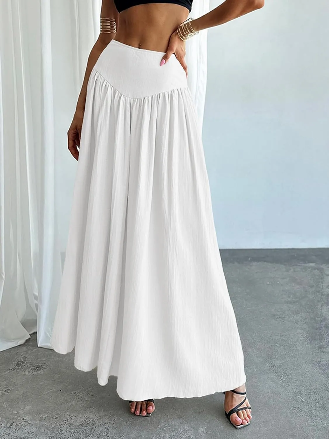Milumia Women's Pleated Flowy Long Skirts High Waist Maxi Skirt with Pocket