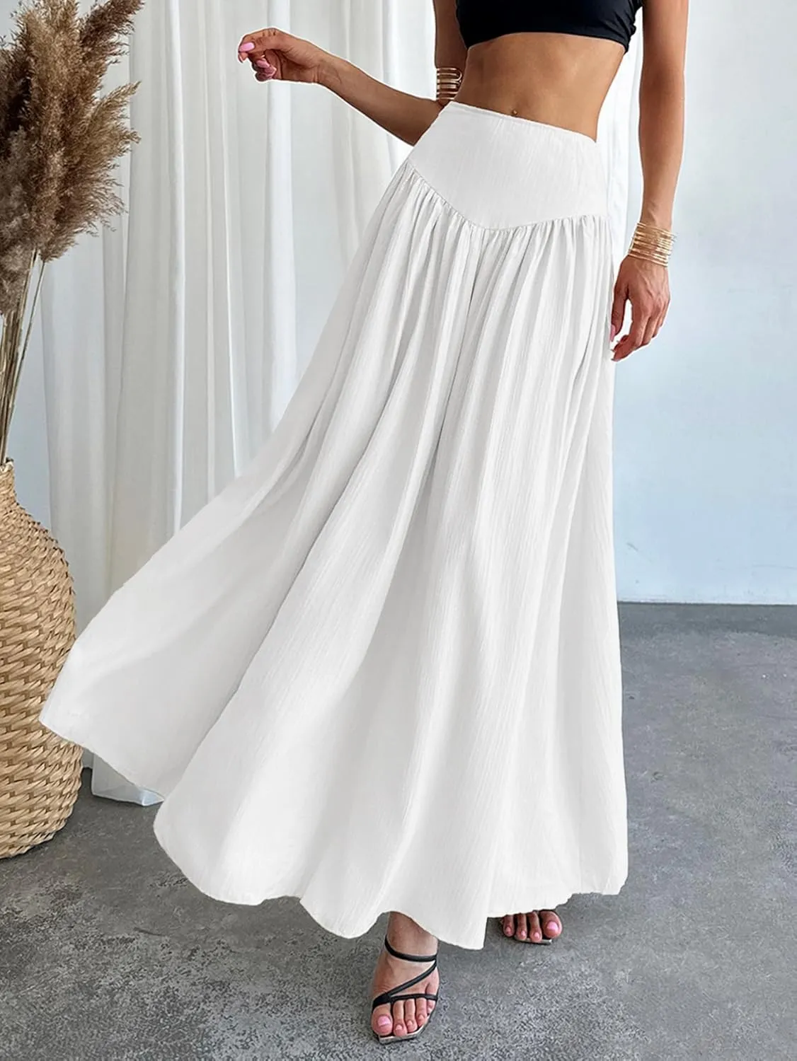 Milumia Women's Pleated Flowy Long Skirts High Waist Maxi Skirt with Pocket