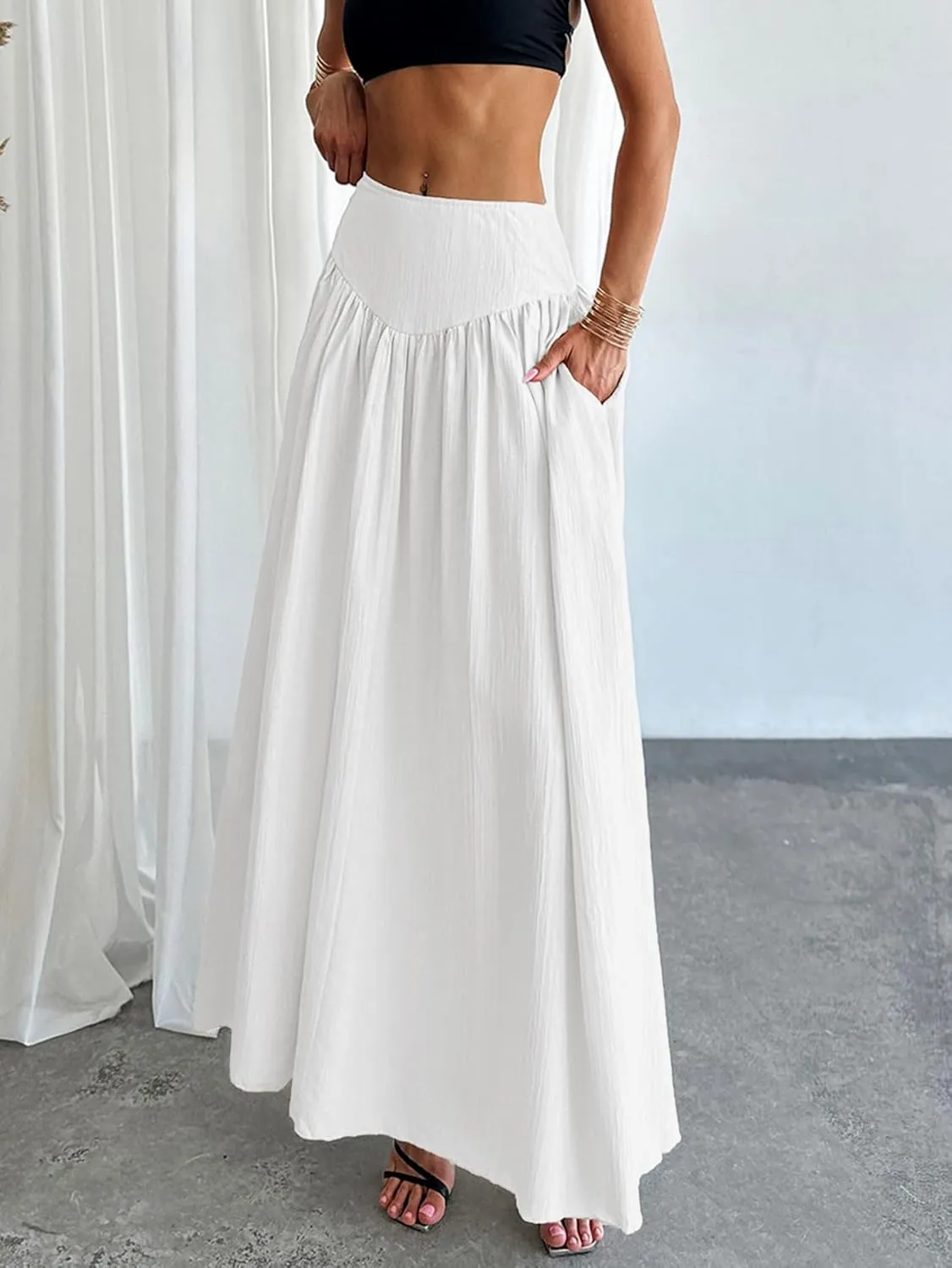 Milumia Women's Pleated Flowy Long Skirts High Waist Maxi Skirt with Pocket