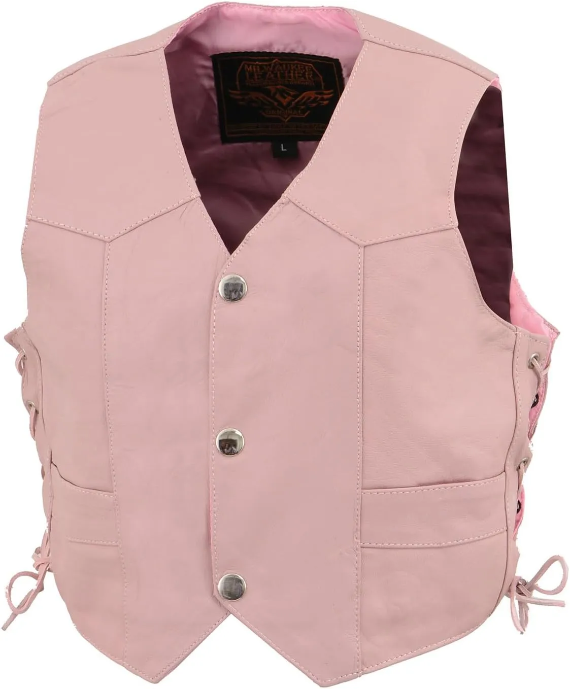 Milwaukee Leather SH2011LPNK Girls Pink Classic Three Snap Leather Vest