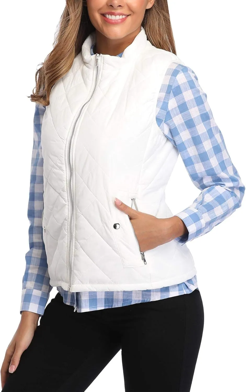 MISS MOLY Women Lightweight Quilted Padded Vest Stand Collar Zip Up Front Gilet Quilted