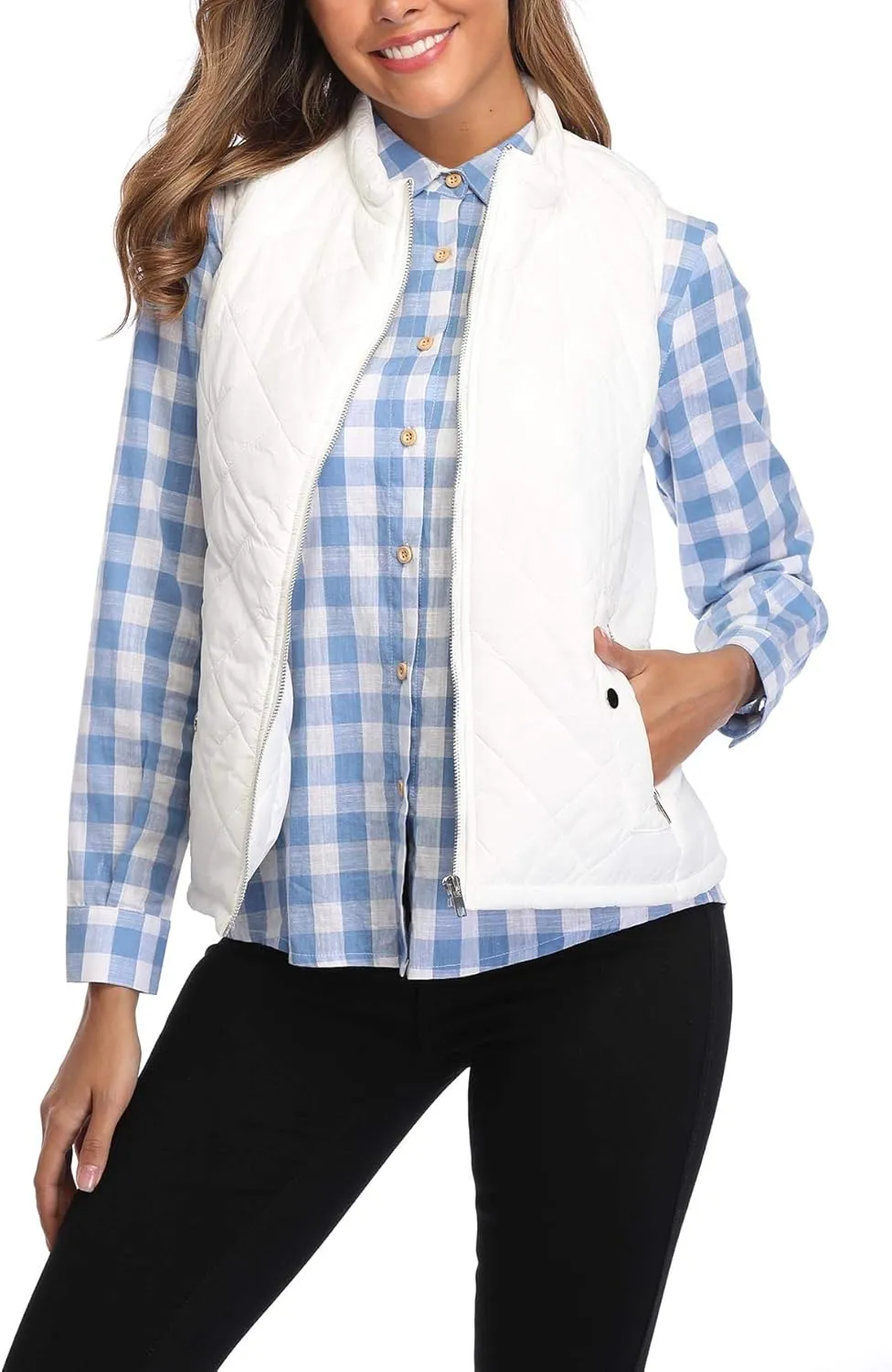 MISS MOLY Women Lightweight Quilted Padded Vest Stand Collar Zip Up Front Gilet Quilted