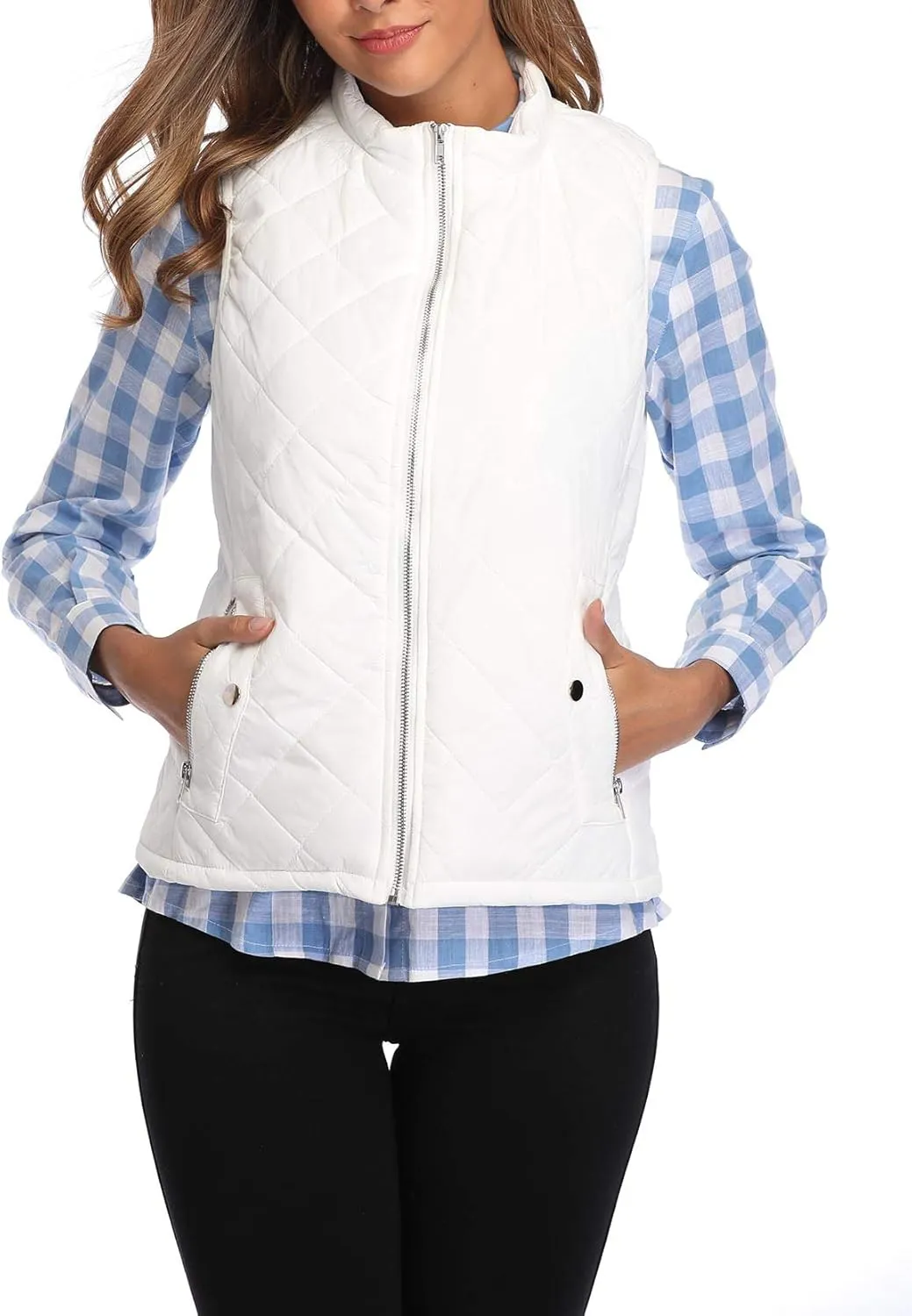 MISS MOLY Women Lightweight Quilted Padded Vest Stand Collar Zip Up Front Gilet Quilted