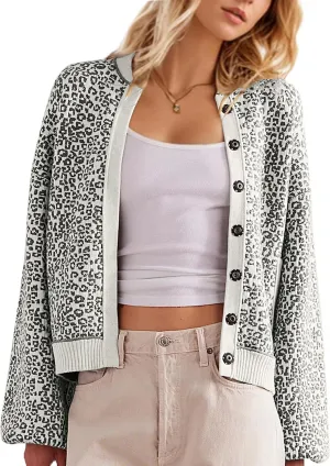 MISSACTIVER Women Leopard Print Button Down Knit Cardigan Long Sleeve Open Front Cheetah Graphic Sweater Cardigans Outwear