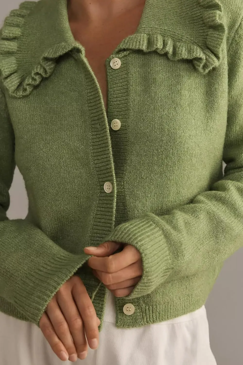 MISSACTIVER Women Ruffle Collar Cropped Cardigan Casual Lapel Button Down Sweaters Long Sleeve Open Front Knit Jacket