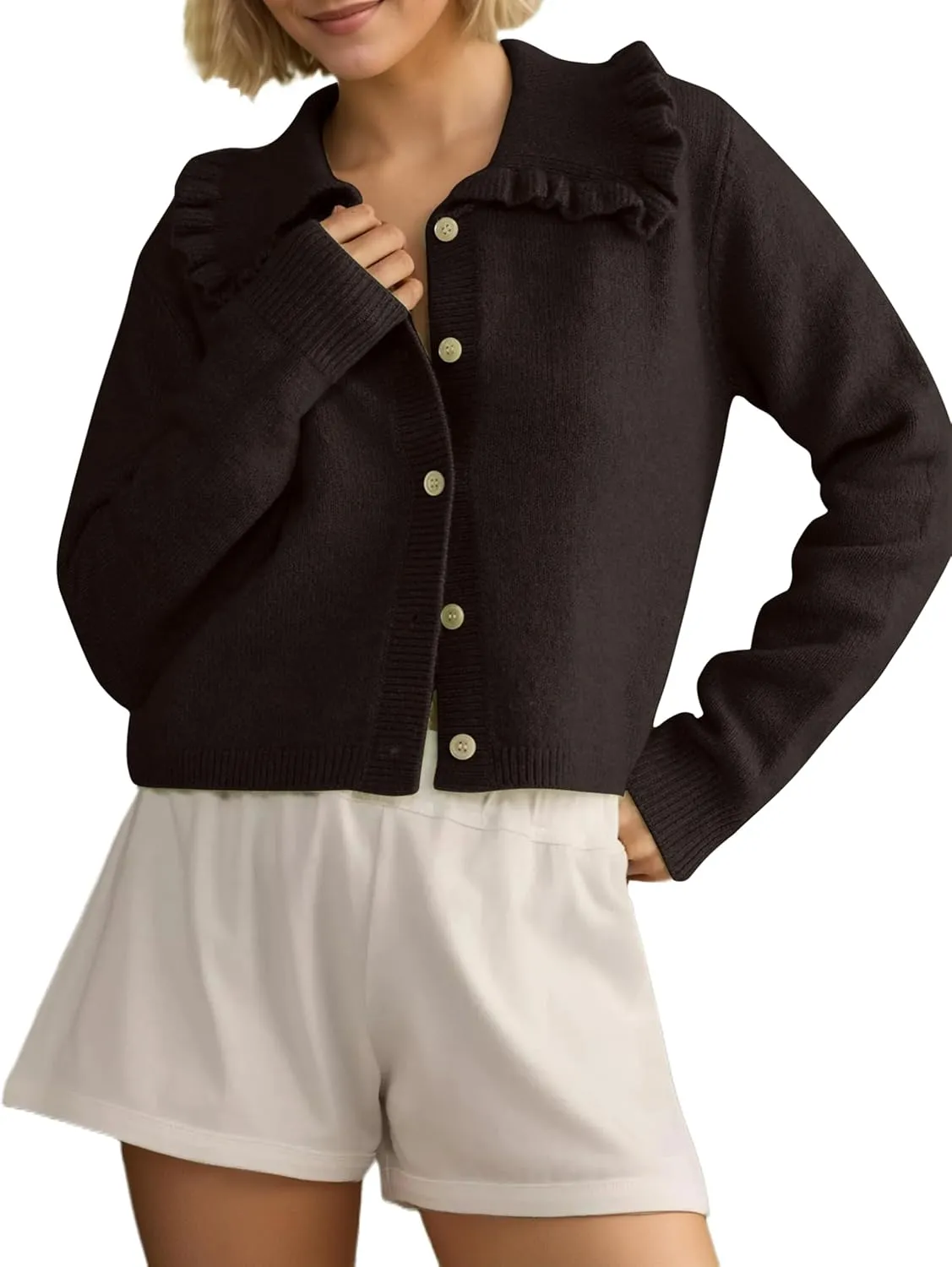 MISSACTIVER Women Ruffle Collar Cropped Cardigan Casual Lapel Button Down Sweaters Long Sleeve Open Front Knit Jacket