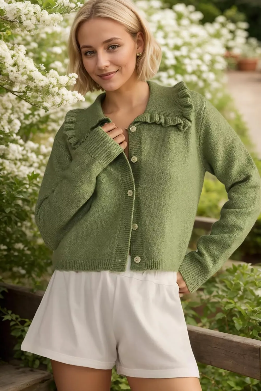 MISSACTIVER Women Ruffle Collar Cropped Cardigan Casual Lapel Button Down Sweaters Long Sleeve Open Front Knit Jacket