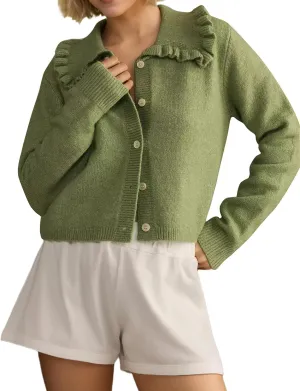 MISSACTIVER Women Ruffle Collar Cropped Cardigan Casual Lapel Button Down Sweaters Long Sleeve Open Front Knit Jacket