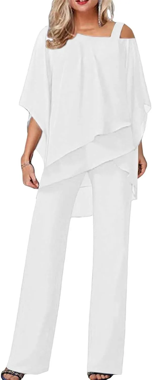 Miyaomn Elegant Pantsuit for Women 2 Piece Half Sleeve Cold Shoulder Hi-Low Top and Long Dress Pants Set Wedding Party Outfit