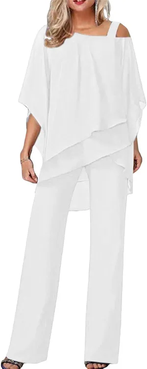 Miyaomn Elegant Pantsuit for Women 2 Piece Half Sleeve Cold Shoulder Hi-Low Top and Long Dress Pants Set Wedding Party Outfit