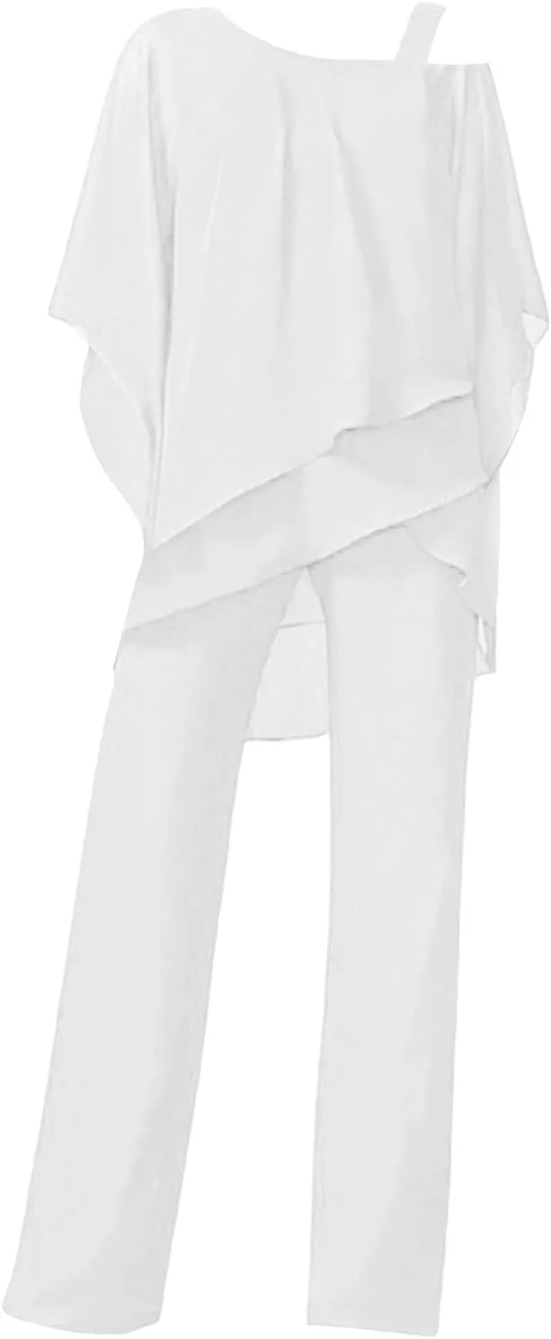 Miyaomn Elegant Pantsuit for Women 2 Piece Half Sleeve Cold Shoulder Hi-Low Top and Long Dress Pants Set Wedding Party Outfit