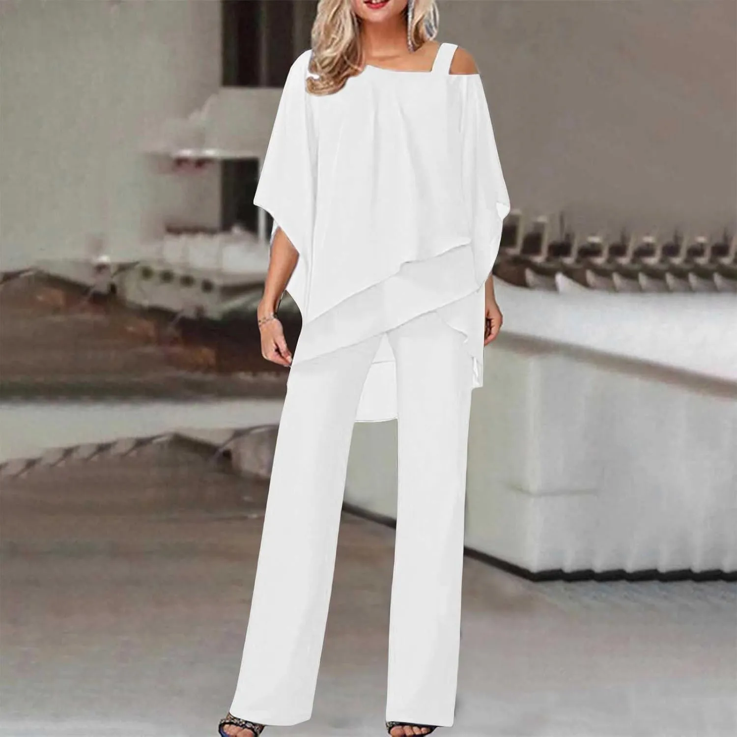 Miyaomn Elegant Pantsuit for Women 2 Piece Half Sleeve Cold Shoulder Hi-Low Top and Long Dress Pants Set Wedding Party Outfit