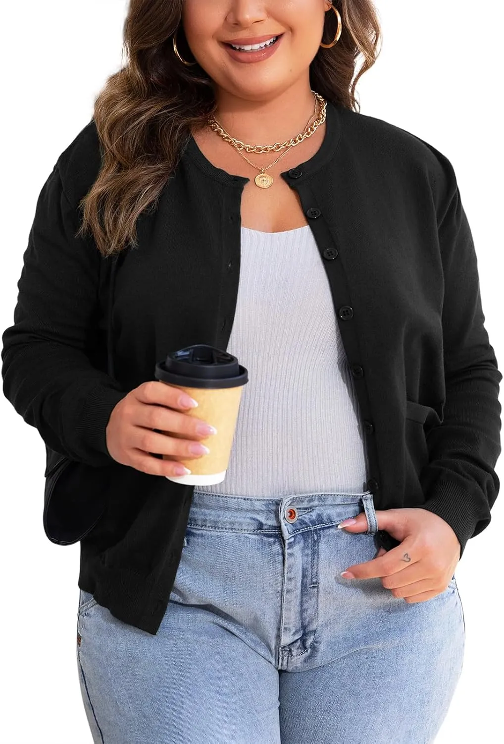 MK Shop Limited Womens Plus Size Cardigans Lightweight Button Sweaters Two Pockets Long Sleeve Knit Open Front Outwear