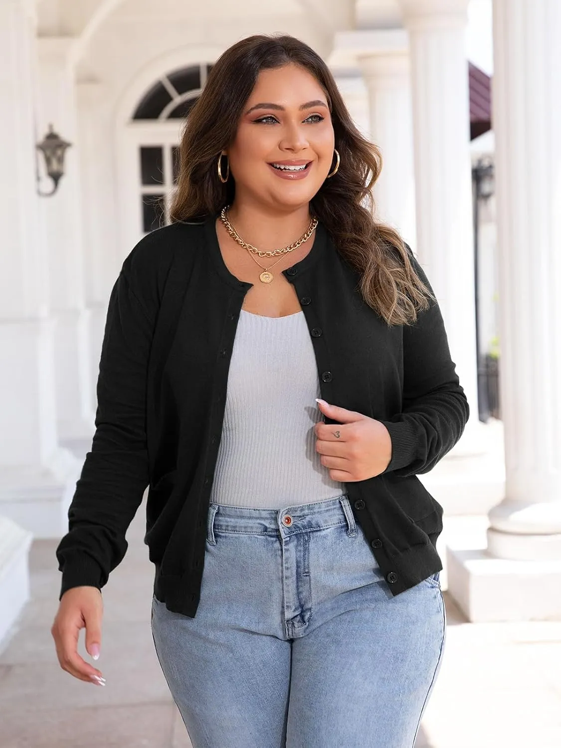 MK Shop Limited Womens Plus Size Cardigans Lightweight Button Sweaters Two Pockets Long Sleeve Knit Open Front Outwear