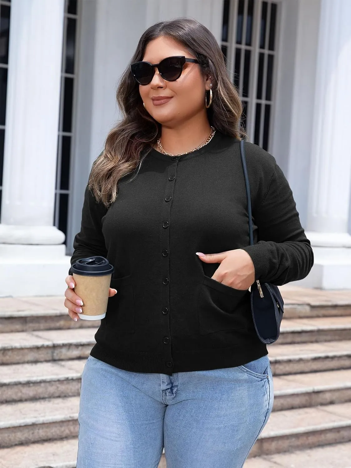 MK Shop Limited Womens Plus Size Cardigans Lightweight Button Sweaters Two Pockets Long Sleeve Knit Open Front Outwear
