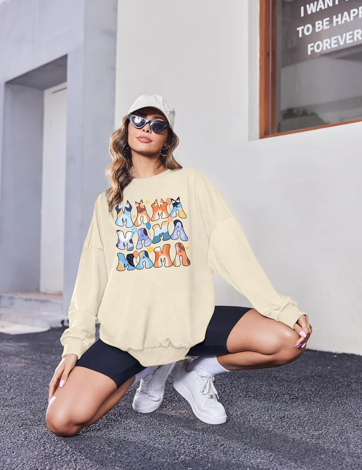 MOUSYA Oversized Mama Sweatshirt Woman Mama Letter Print Pullover Tops Trendy Shirt Casual Crewneck Loose Sweatshirts