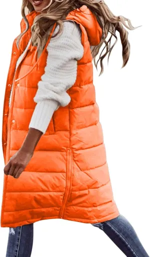 Muyise Women's Long Quilted Down Vest Sleeveless Hooded Jacket Winter Warm Padded Coat Outdoor Puffer Outerwear with Pockets