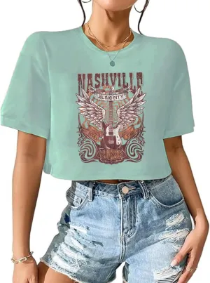 Nashville Music City T-Shirt Women Country Music Crop Tops Rock Band Tshirt Vintage Guitar Wings Graphic Tees