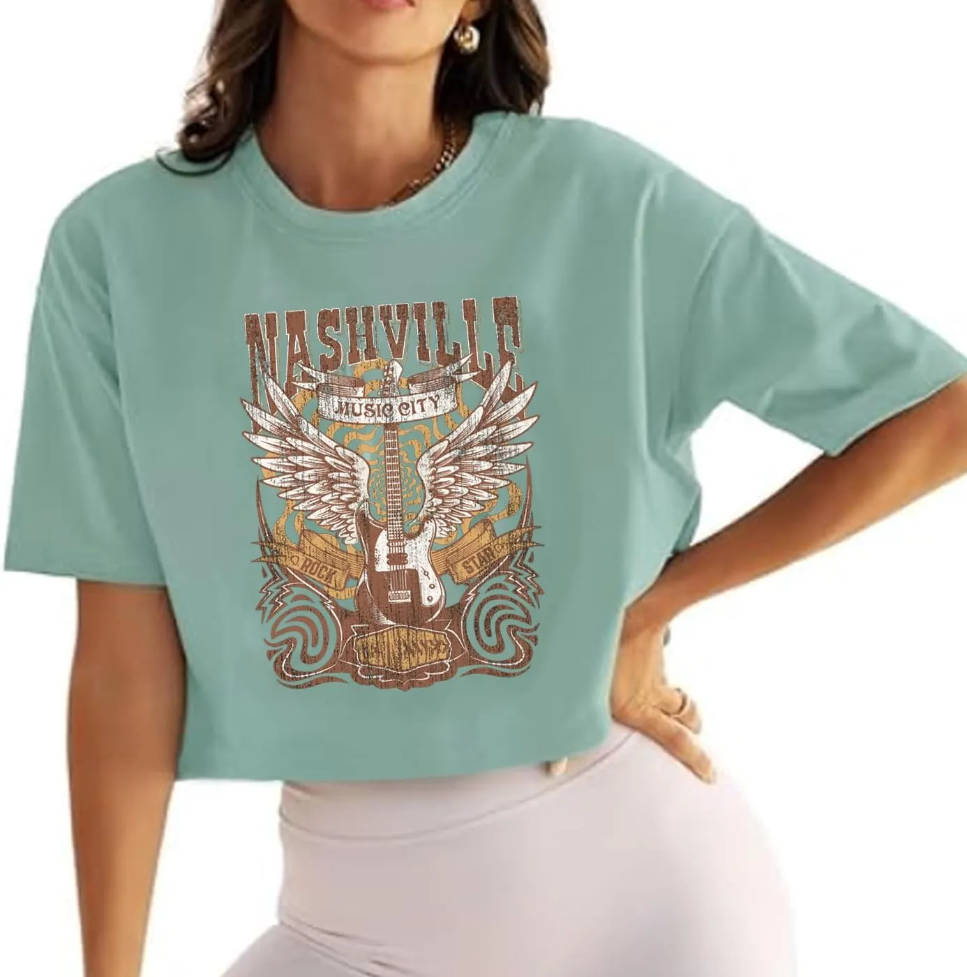 Nashville Music City T-Shirt Women Country Music Crop Tops Rock Band Tshirt Vintage Guitar Wings Graphic Tees