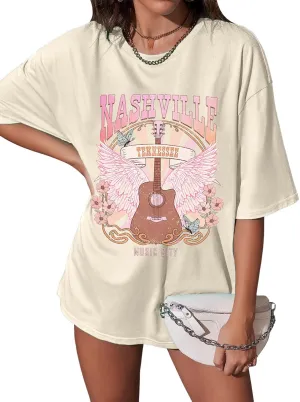 Nashville Shirts for Women Music City Country Music Concert Rock Band Vintage Guitar Wings Graphic Casual Tee Tops
