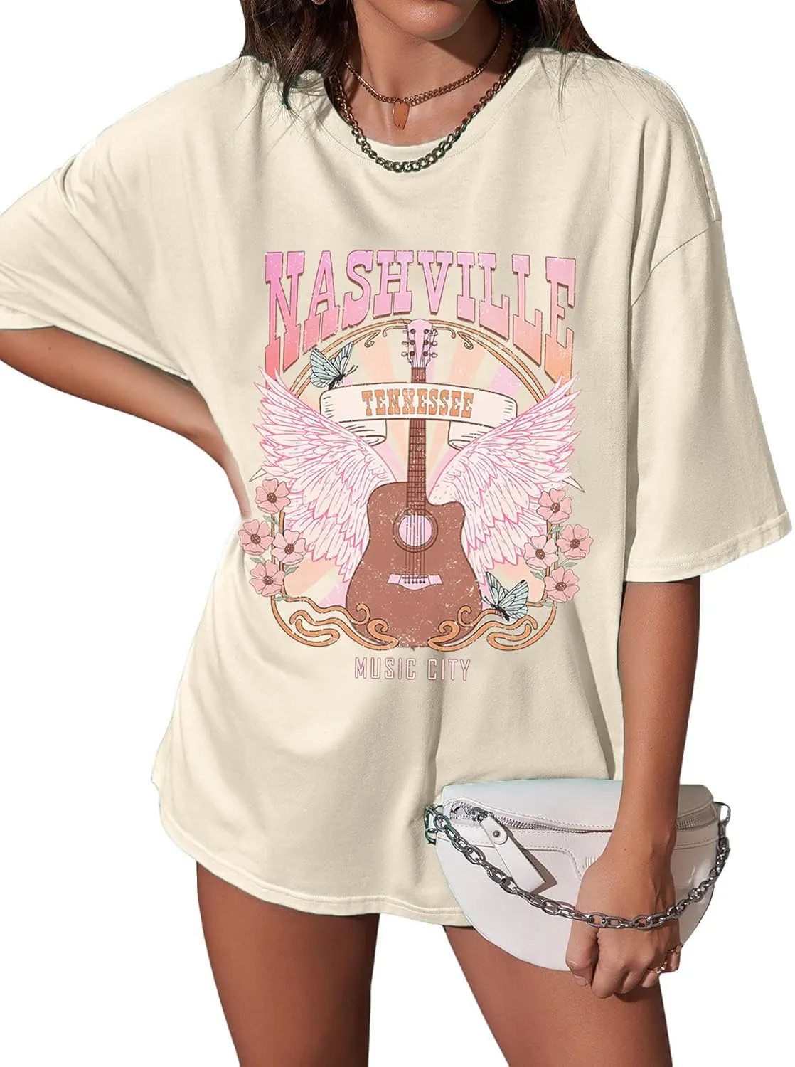 Nashville Shirts for Women Music City Country Music Concert Rock Band Vintage Guitar Wings Graphic Casual Tee Tops
