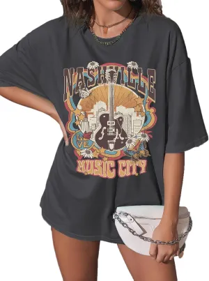 Nashville Shirts for Women Music City Country Music Concert Rock Band Vintage Guitar Wings Graphic Casual Tee Tops
