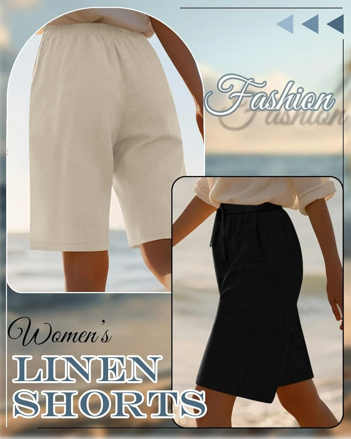 Neer 2 Pack Women's Linen Bermuda Shorts Elastic Waist Wide Leg Shorts Casual Summer Bottoms with Pockets