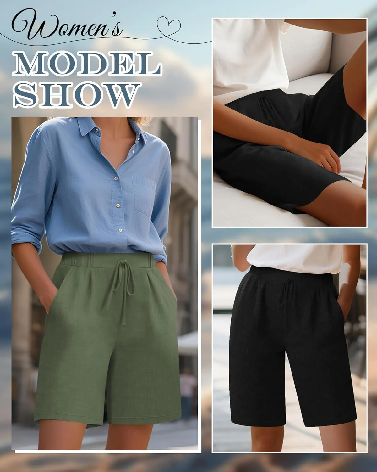 Neer 2 Pack Women's Linen Bermuda Shorts Elastic Waist Wide Leg Shorts Casual Summer Bottoms with Pockets