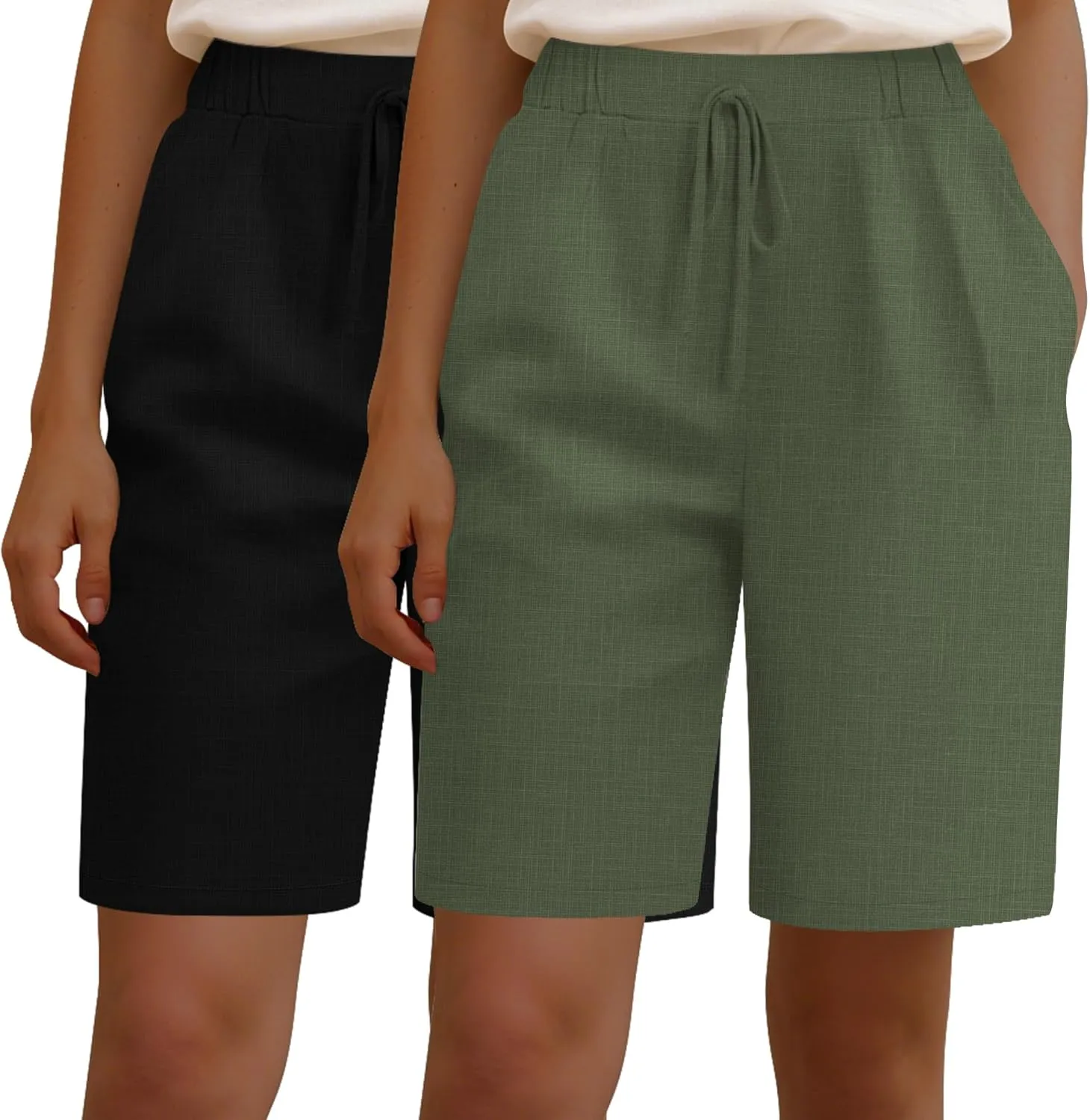 Neer 2 Pack Women's Linen Bermuda Shorts Elastic Waist Wide Leg Shorts Casual Summer Bottoms with Pockets