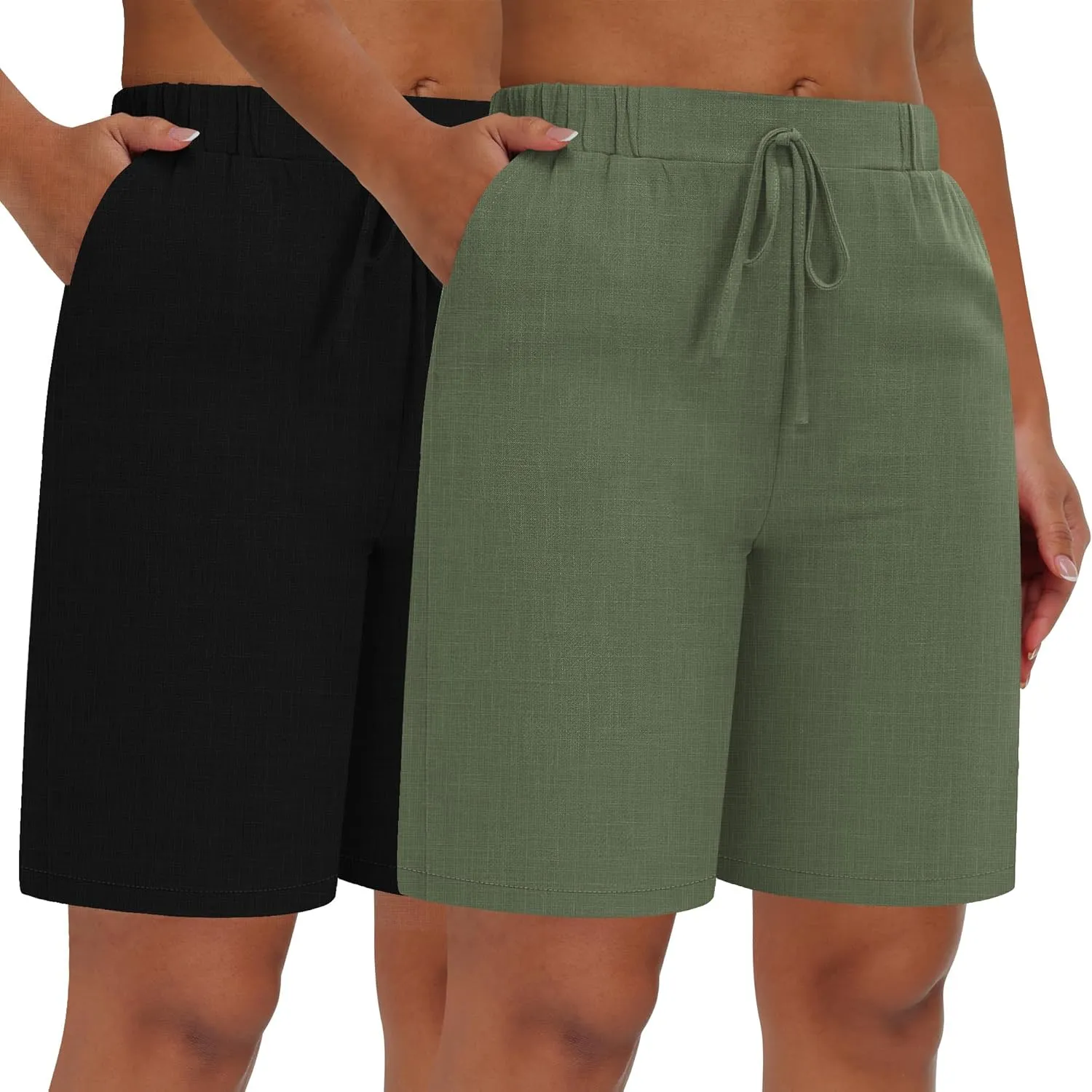 Neer 2 Pack Women's Linen Bermuda Shorts Elastic Waist Wide Leg Shorts Casual Summer Bottoms with Pockets