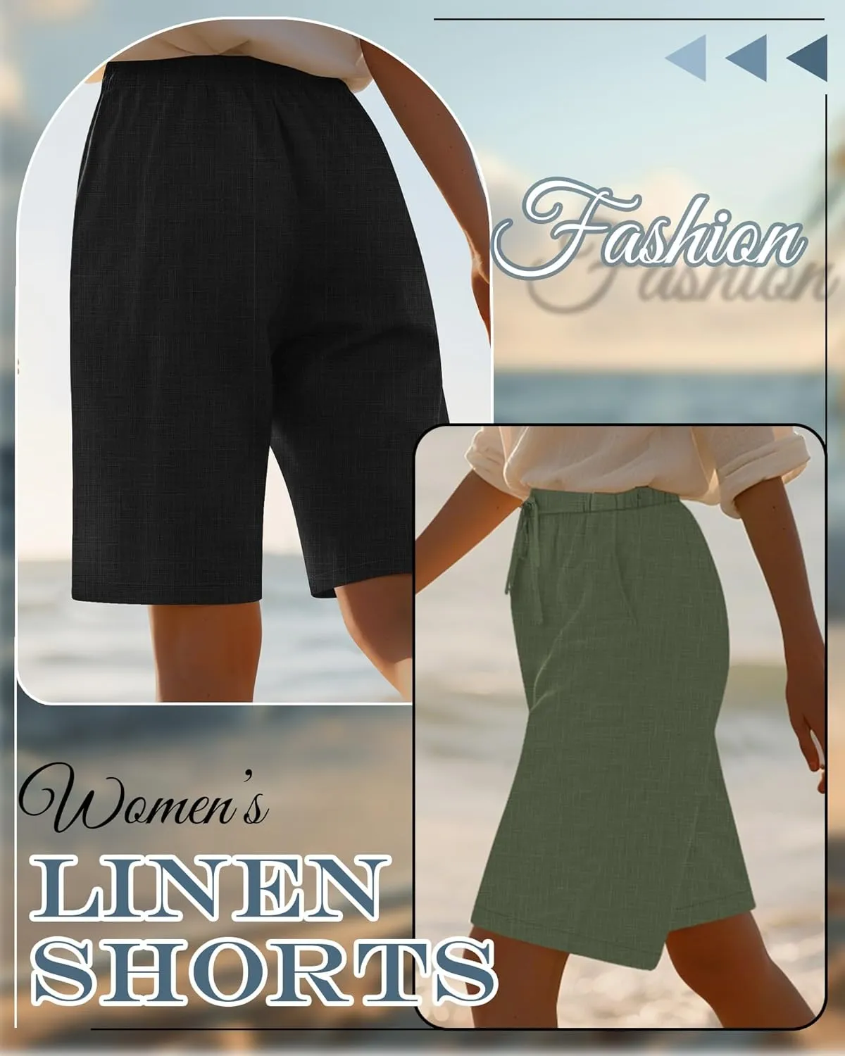 Neer 2 Pack Women's Linen Bermuda Shorts Elastic Waist Wide Leg Shorts Casual Summer Bottoms with Pockets