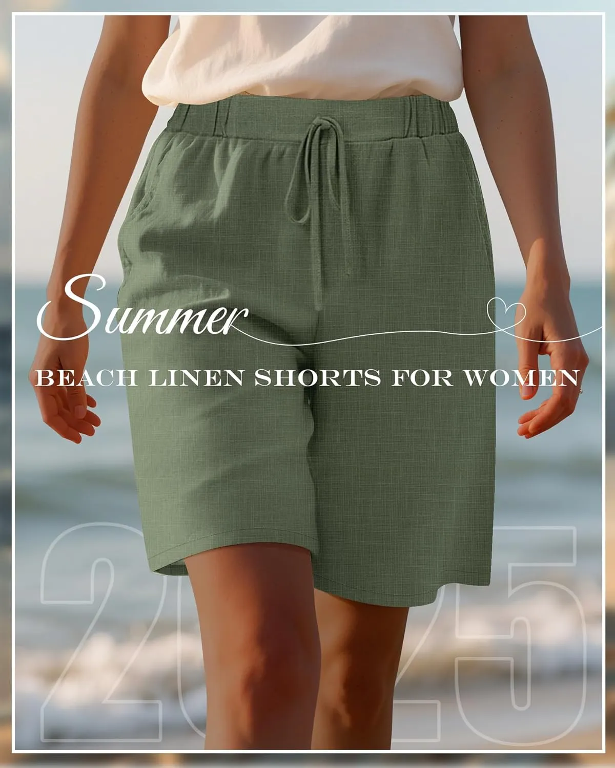 Neer 2 Pack Women's Linen Bermuda Shorts Elastic Waist Wide Leg Shorts Casual Summer Bottoms with Pockets