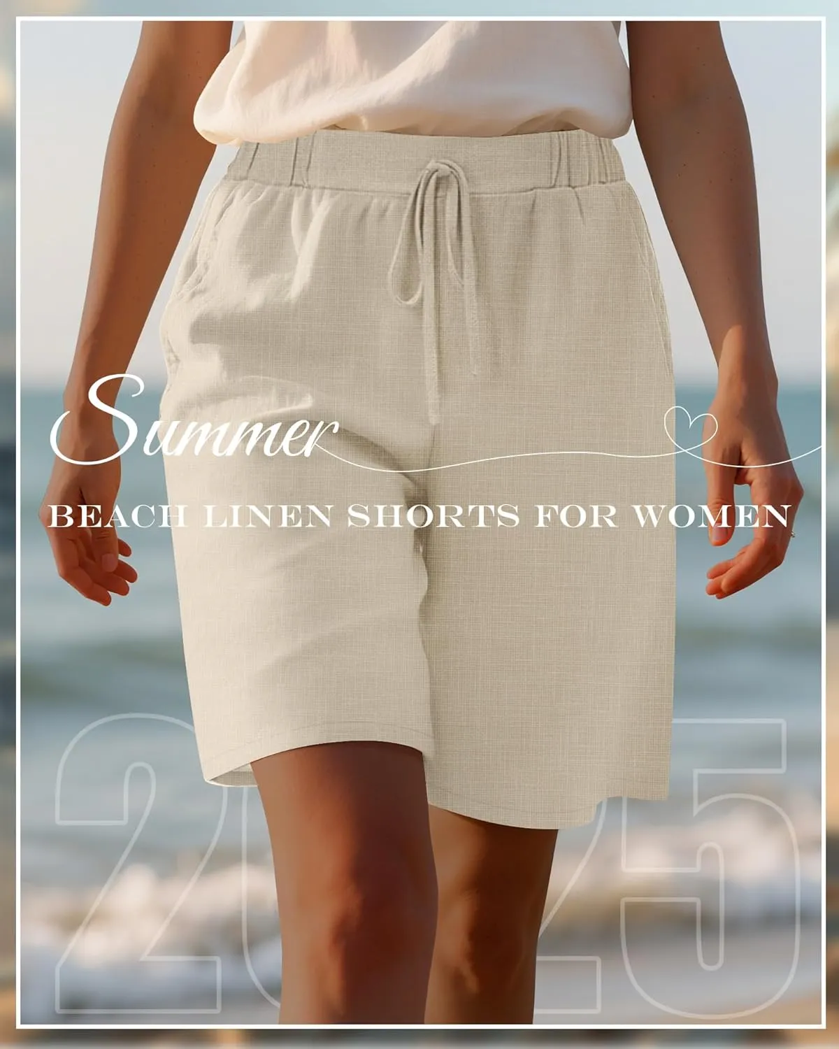 Neer 2 Pack Women's Linen Bermuda Shorts Elastic Waist Wide Leg Shorts Casual Summer Bottoms with Pockets