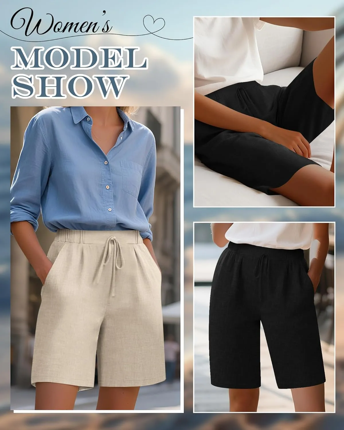Neer 2 Pack Women's Linen Bermuda Shorts Elastic Waist Wide Leg Shorts Casual Summer Bottoms with Pockets
